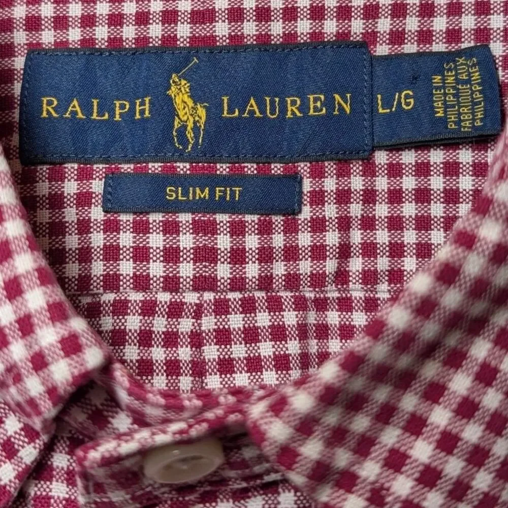 Ralph Lauren Slim Fit Red White Button Down Shirt Men's L Short Sleeve Cotton